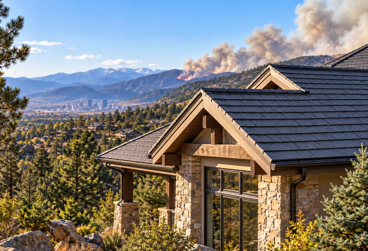 Fire-resistant roofing on a Denver foothills home with pine-covered mountains and wildfire smoke visible in the distance.