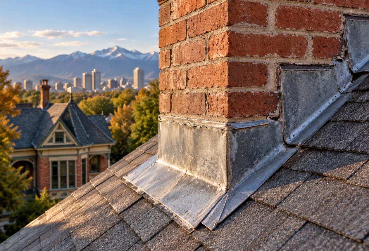Weathered chimney flashing on a historic Denver home showing potential leak points around the brick chimney and roof shingles.